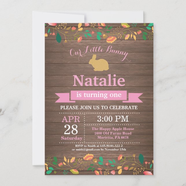 Invitation Fille d'anniversaire de lapin Œuf de Pâques 1er Pr (Devant)