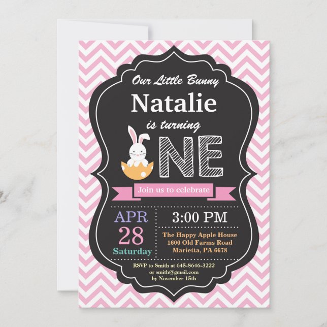 Invitation Fille d'anniversaire de lapin Œuf de Pâques 1er Pr (Devant)