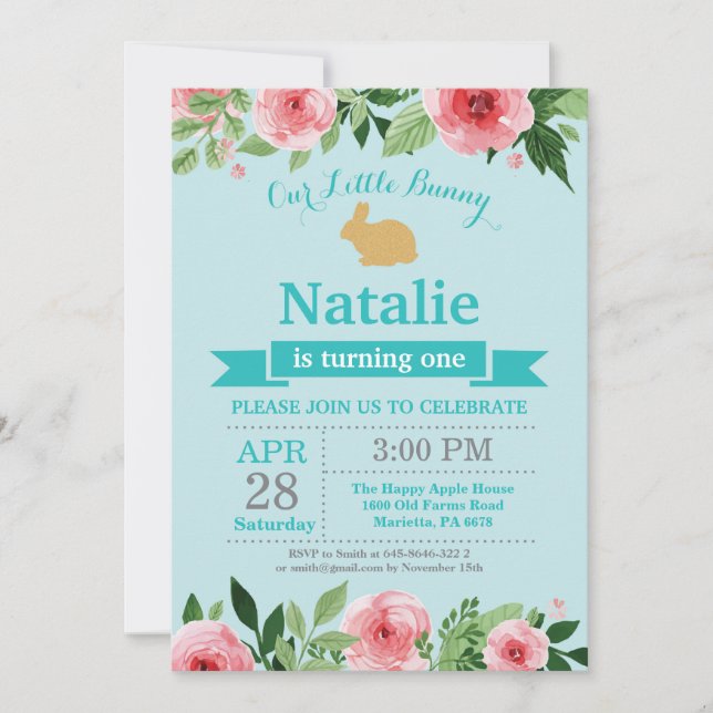 Invitation Fille d'anniversaire de lapin Œuf de Pâques 1er Pr (Devant)