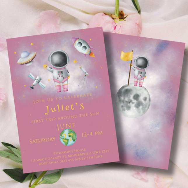 Invitation Fille d'anniversaire de l'espace Un astronaute lan (Créateur téléchargé)