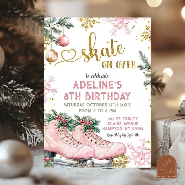Invitation Fille d'anniversaire de Noël Skate rose sur l'hive (Créateur téléchargé)