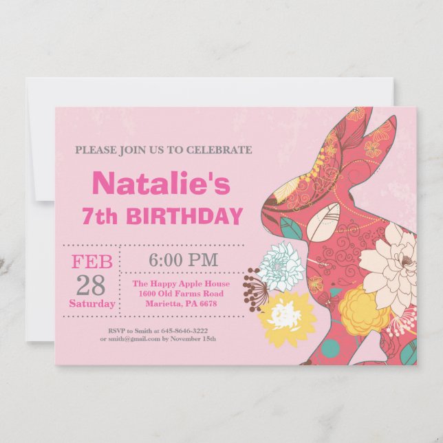 Invitation Fille d'anniversaire de Pâques Lapin d'anniversair (Devant)
