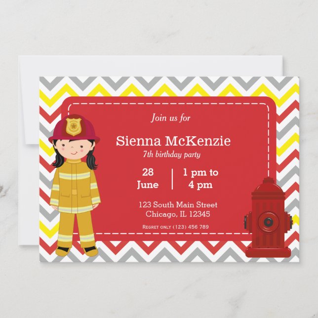 Invitation Fille d'anniversaire de pompier (Devant)