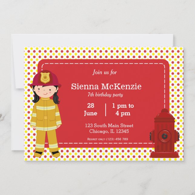 Invitation Fille d'anniversaire de pompier (Devant)
