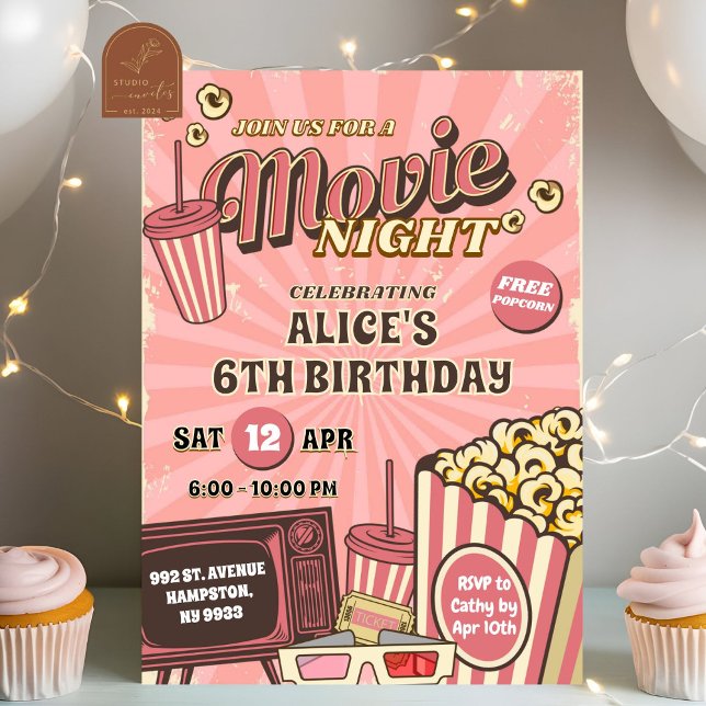 Invitation Fille d'anniversaire de soirée de cinéma en plein  (Créateur téléchargé)