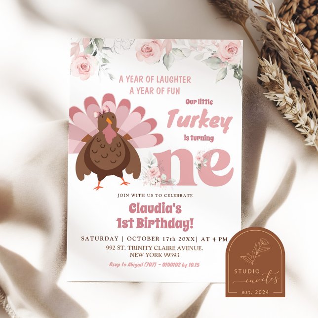Invitation Fille d'anniversaire d'un an avec dindon floral ro (Créateur téléchargé)
