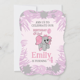 Invitation Fille d'anniversaire Éléphant bébé rose