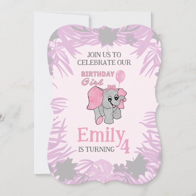 Invitation Fille d'anniversaire Éléphant bébé rose   (Devant)