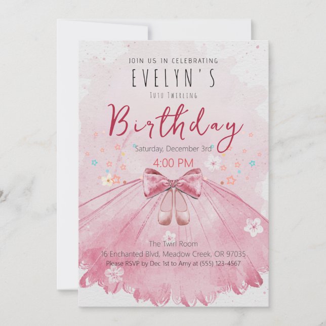 Invitation Fille d'anniversaire en tutu rose Fête de ballet (Devant)