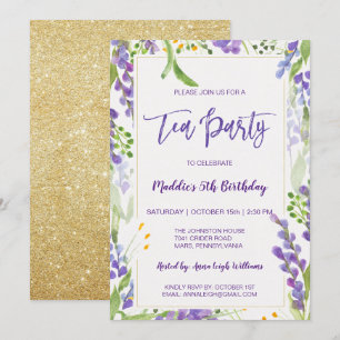 Invitation Fille d'anniversaire Floral et Gold du Tea Party