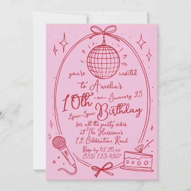 Invitation Fille d'anniversaire Karaoké Rose Soirée Disco Rét (Devant)