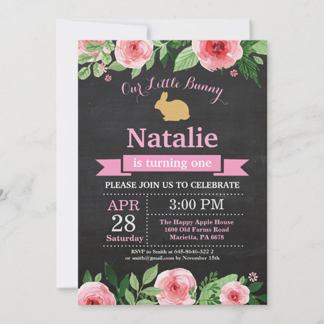 Invitation Fille d'anniversaire lapin de Pâques 1er Premier a (Devant)