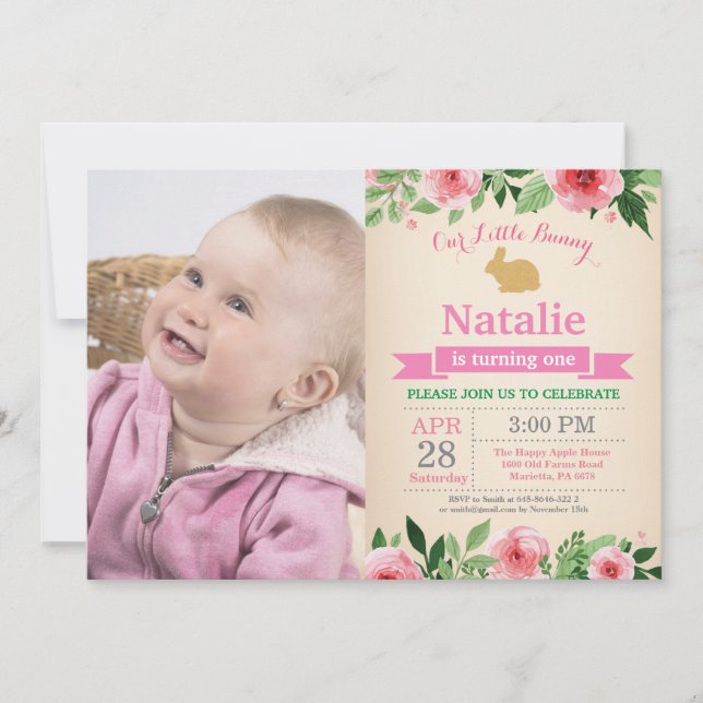 Invitation Fille d'anniversaire lapin de Pâques 1er Premier a (Devant)