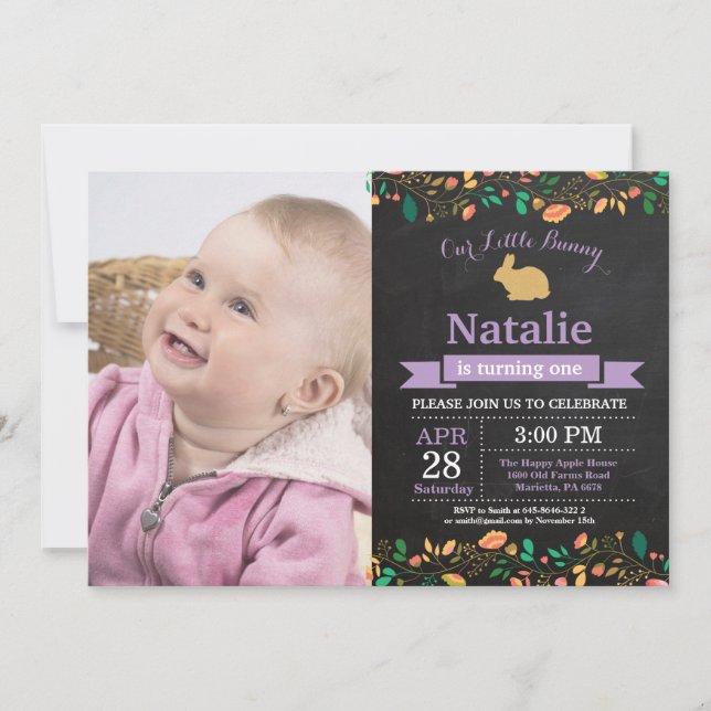 Invitation Fille d'anniversaire lapin Œuf de Pâques 1er Premi (Devant)