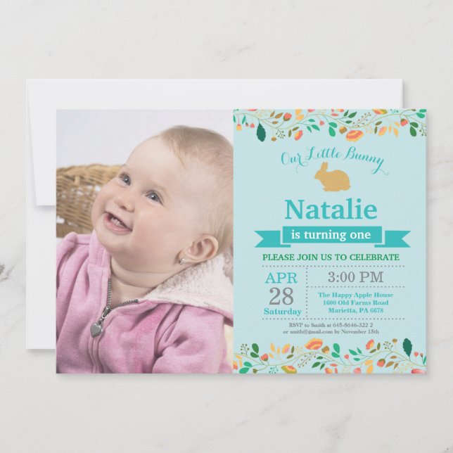 Invitation Fille d'anniversaire lapin Œuf de Pâques 1er Premi (Devant)
