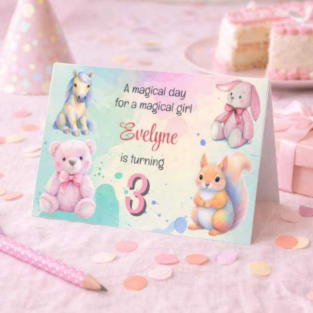 Invitation Fille d'anniversaire licorne lapin ours pastel mag (Créateur téléchargé)