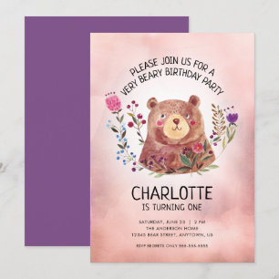 Invitation Fille d'anniversaire mignonne ours et fleurs