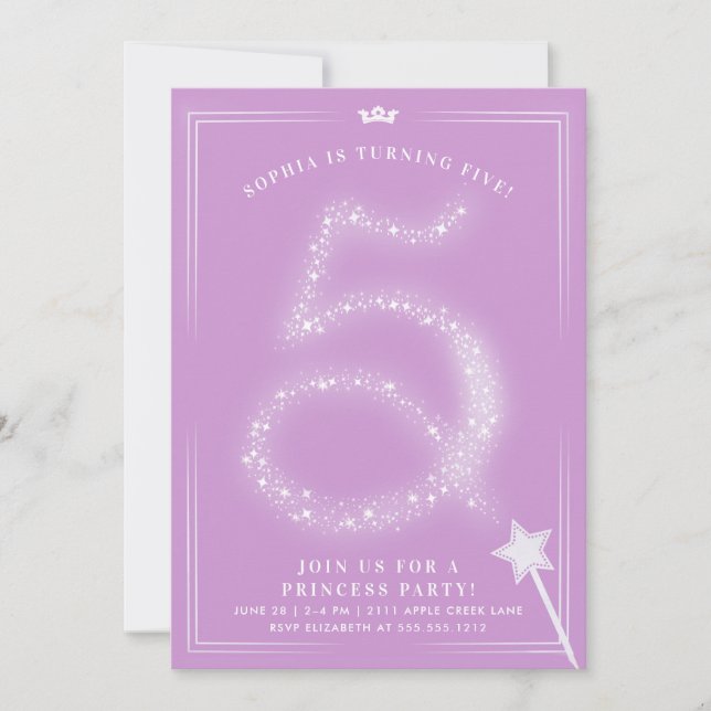 Invitation Fille d'anniversaire princesse de cinq ans (Devant)
