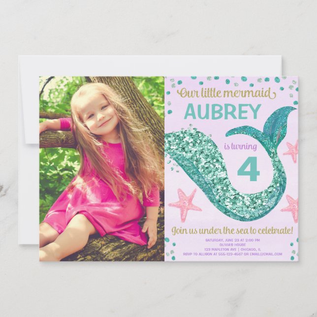 Invitation Fille d'anniversaire rose violet turquoise photo p (Devant)
