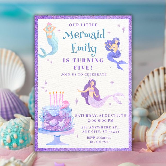 Invitation Fille d'anniversaire sirène à l'aquarelle (Créateur téléchargé)