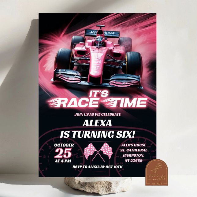 Invitation Fille d'anniversaire voiture de course rose F1 (Créateur téléchargé)