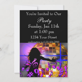 Invitation Fille dansant et notes de musique violettes