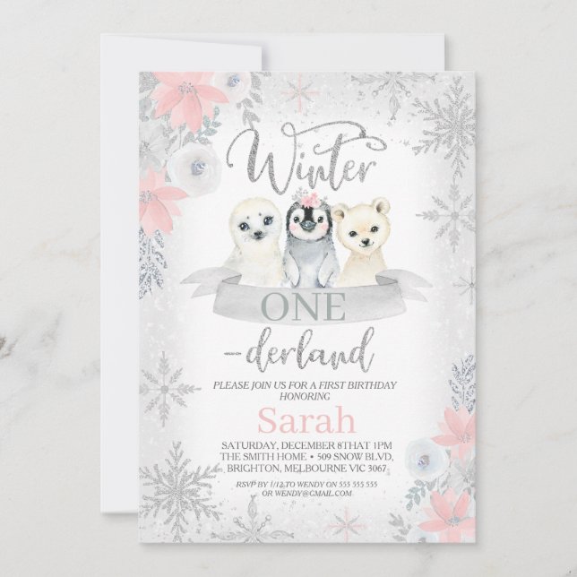 Invitation Fille d'argent Animaux Hiver Onederland Anniversai (Devant)