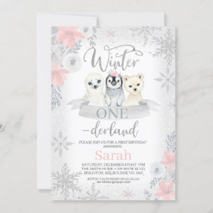 Invitation Fille d'argent Animaux Hiver Onederland Anniversai