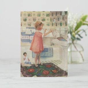 Invitation Fille d'autrefois, enfant faisant la lessive en ét