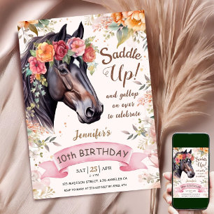 Invitation Fille de 10 ans d'anniversaire Cheval Floral Cowgi