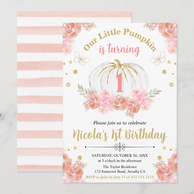 Invitation Fille de 1 an avec citrouille florale rose et or (Devant / Derrière)
