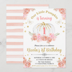 Invitation Fille de 1 an avec citrouille florale rose et or