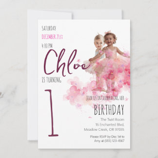 Invitation Fille de 1 an Ballerine Photo Fleur rose