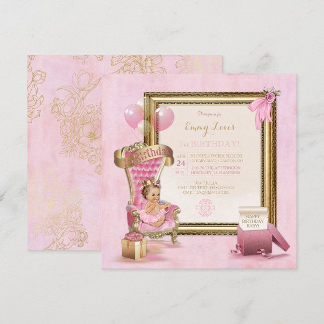 Invitation Fille de 1 an sur un trône de princesse or rose (Devant / Derrière)
