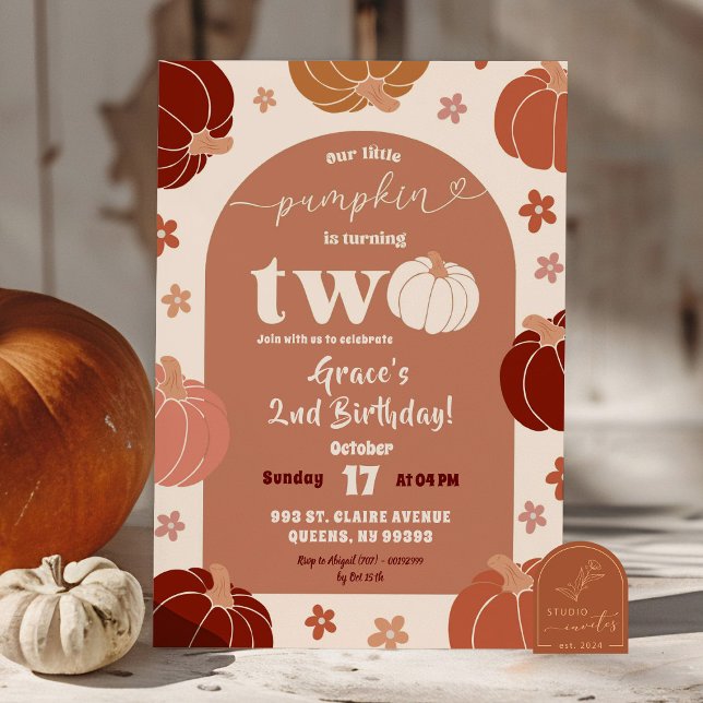 Invitation Fille de 2 ans - Arche de citrouille florale rétro (Créateur téléchargé)