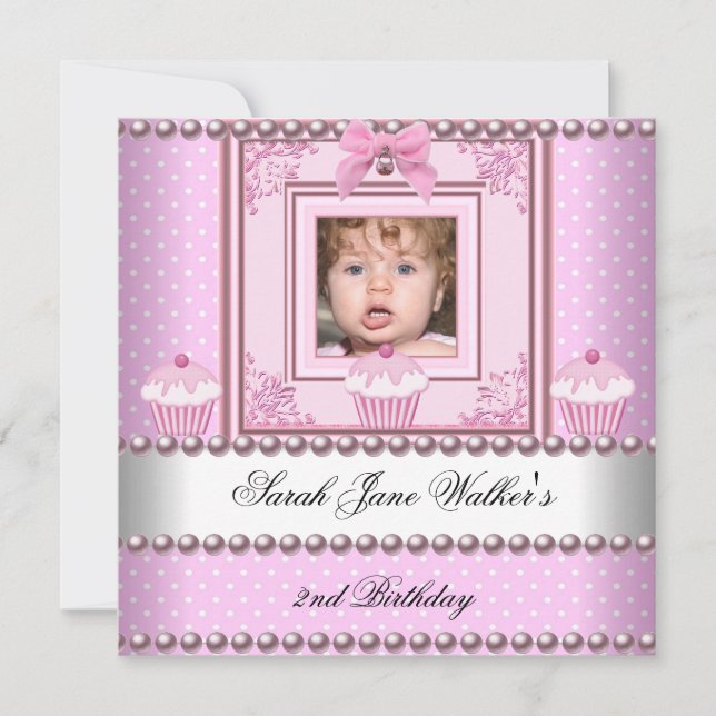 Invitation Fille de 2 ans Cupcakes roses Perle blanche Photo (Devant)