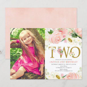 Invitation fille de 2ème anniversaire, blush rose or floral p