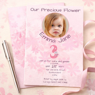 Invitation Fille de 3 ans, photo florale rose minimaliste pou