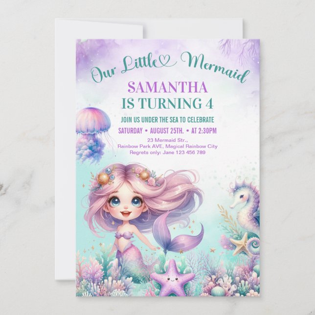 Invitation Fille de 4 ans d'anniversaire Aquarelle mermaid mi (Devant)
