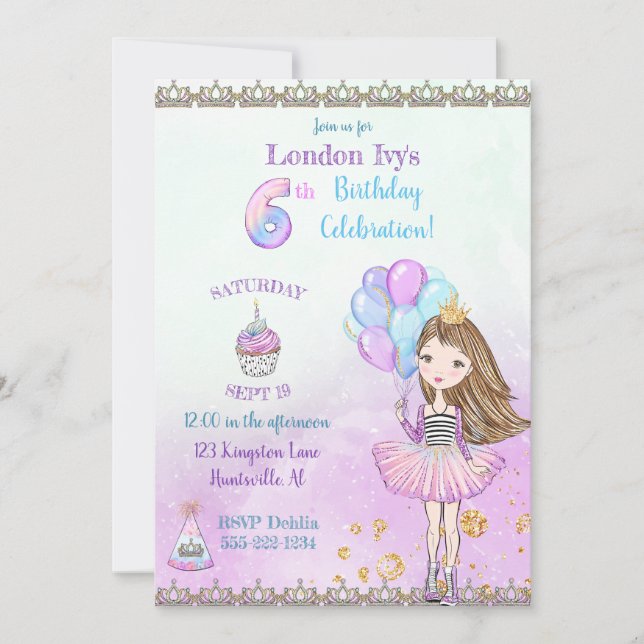 Invitation Fille de 6 ans Cupcake Ballons Princesse (Devant)