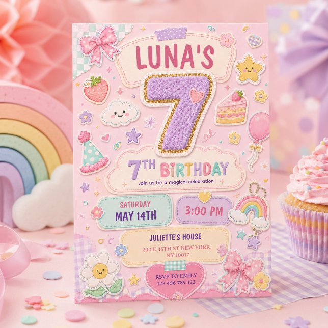 Invitation Fille de 7 ans pour une fête d'anniversaire arc-en (Pastel Patchwork Rainbow 7th Birthday Party Girl Invitation
)