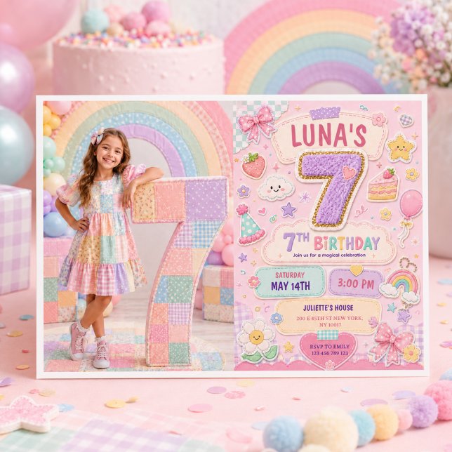 Invitation Fille de 7 ans pour une fête d'anniversaire arc-en (Pastel Patchwork Rainbow 7th Birthday Party Girl Invitation
)