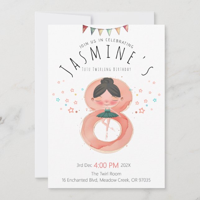 Invitation Fille de 8 ans pour un anniversaire de ballet fant (Devant)