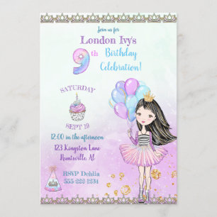 Invitation Fille de 9 ans Cupcakes Ballons Princesse
