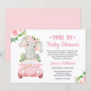 Invitation Fille de Baby-Shower à l'Éléphant en Voiture