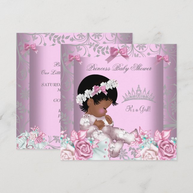 Invitation Fille de Baby shower afro-américaine rose et gris  (Devant / Derrière)
