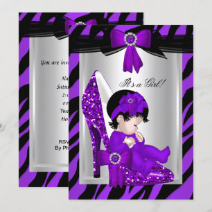 Invitation Fille de Baby Shower aux Talons Hauts Violets Zèbr