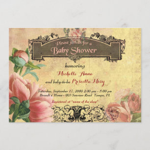 Invitation Fille de baby shower, cru, art déco, vieux papier,