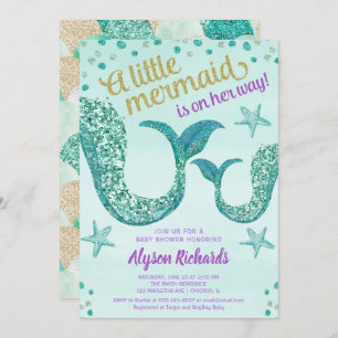 Invitation Fille de baby shower de sirène, queue turquoise de