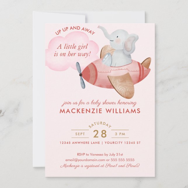 Invitation Fille de Baby shower d'éléphant rose pâle (Devant)